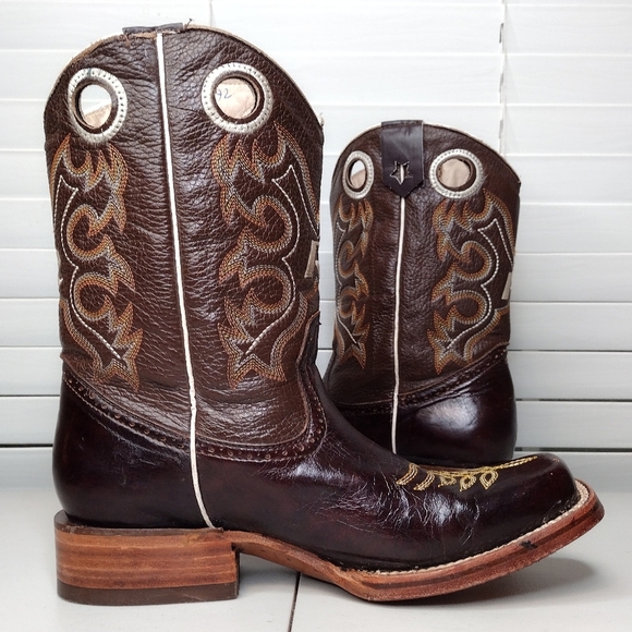Boots Men's Brown Leather Pull-On Square Toe Rodeo Cowboy Western Boots Sz 8 - Picture 7 of 16